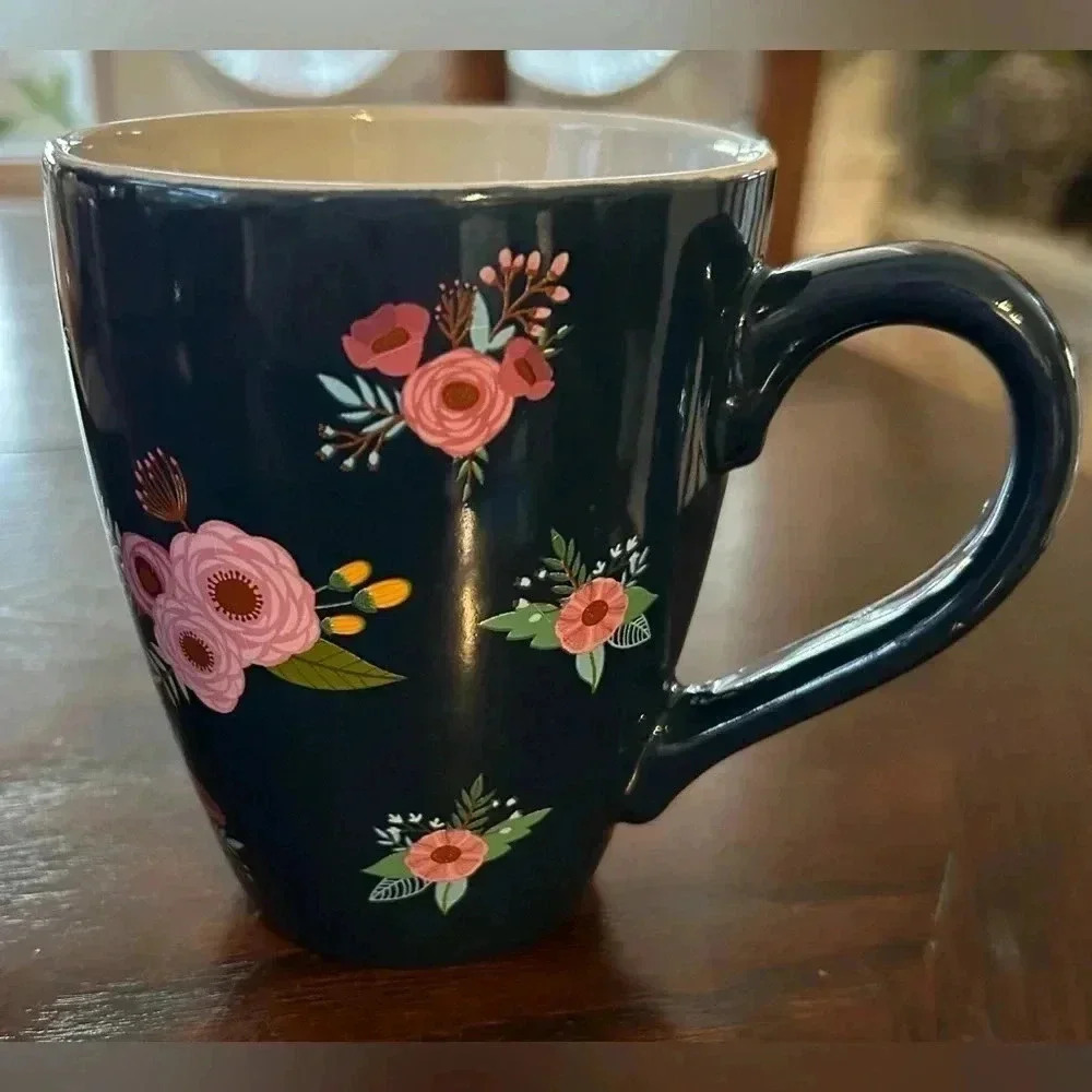 Belle Maison Blue with Pink flowers Coffee Tea Mug 14oz. EUC